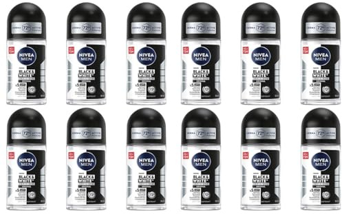 12x NIVEA MEN Black & White Invisible Original Deo Roll-On Antitranspirant mit 72h Schutz und Anti-Flecken-Formel Deodorant ohne Ethylalkohol mit frischem Duft,50ml (12er Pack)