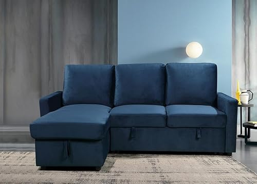 WeDoSofas - L-Shaped Sofa Bed – 3 Seater – (Dark Blue Velvet) – With Storage Compartment – Stylish Corner Piece for Living Rooms, Flats & Guest Areas