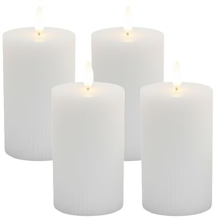 Relaxdays LED Kerzen, 4er Set, HxD: 13 x 7,5 cm, flackernde Flamme, Echtwachs, Rillen, flammenlose Blockkerzen, weiß