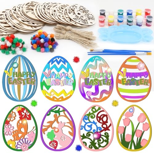 Homethrive 323Stück Ostern Basteln Kinder, Ostereier zum Bemalen Holz,Osterdeko Basteln Kinder DIY Holzanhänger Ostern zum Bemalen,Oster Frühling Bastelset mit Schnur, Strass, Pinsel