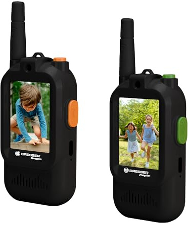 Bresser Youngster Video Walkie Talkies 2er Set mit 2 Zoll Display | Reichweite bis 200 m, Bild in Bild Funktion, Stimmenverzerrer, 650 mAh Akku, USB C Ladekabel, Trageschlaufen