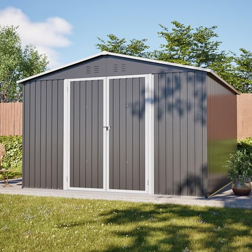 Abri à outils en métal 10 x 10 avec cadre de sol, verrouillable, gris | Peut être utilisé comme abri à outils, garage à vélo ou poubelle - Résistant aux intempéries, stable
