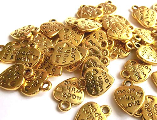 beadsvision 50 Charms Herz Made with Love Anhänger Farbe Gold 12x10mm Schmuckzubehör Metall #S316