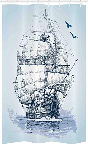 ABAKUHAUS Vintage Boat Schmaler Duschvorhang, Old Ship at Sea, Badezimmer Deko Set aus Stoff mit Haken, 120 x 180 cm, Babyblau Dunkelblau