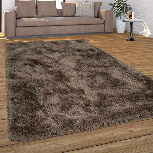 Paco Home Hochflor Teppich Wohnzimmer Schlafzimmer Shaggy Weich Modern Pastell Einfarbiges Design, Grösse:120x170 cm, Farbe:Beige