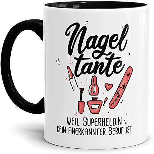 Berufe-Tasse Superheldin Nageltante - Kaffee-Tasse mit Spruch/Arbeit/Job/Lustig/Geschenk-Idee - Innen & Henkel Schwarz
