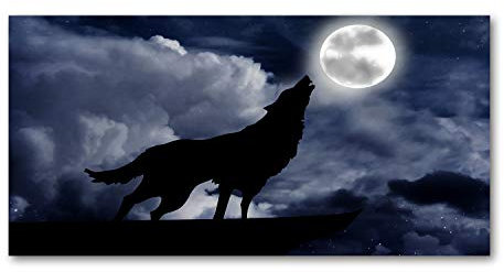 Tulup Glas-Bild Wandbild aus Glas - Wandkunst - Wandbild hinter gehärtetem Sicherheitsglas - Dekorative Wand für Küche & Wohnzimmer 120x60 - Tiere - Wolf Vollmond - Schwarz