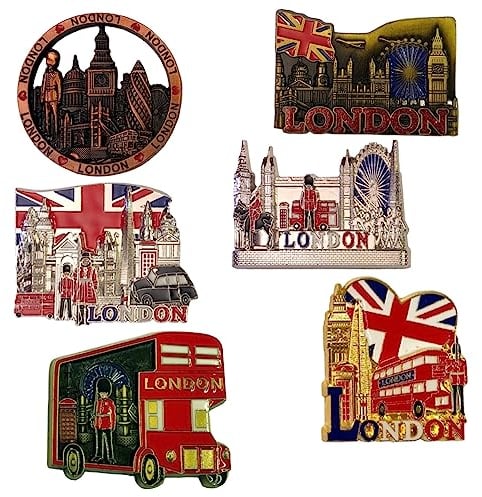 6 London metal magnets - British souvenirs fridge magnet - Union Jack England landmark magnet - London Bus Tower Bridge Big Ben UJ Flag