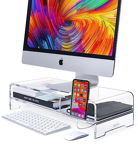BEYGORM Support de Moniteur en Acrylique, Large 50,8 cm, 2 Niveaux avec Rangement, Organiseur de Bureau, imprimante, Ordinateur Portable, Support d'écran (Transparent)