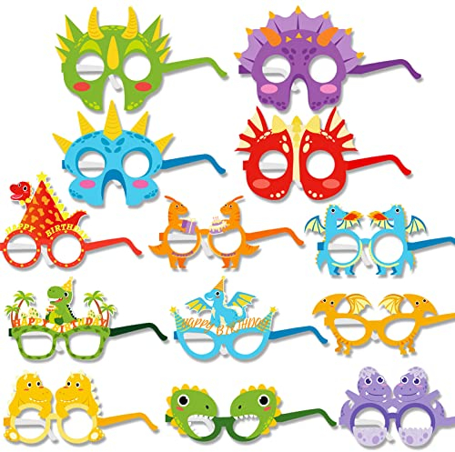 DPKOW 28pcs Lustige Dinosaurier Partybrillen Masken für Kinder, Dschungel Dinosaurier Papier Spaßbrille für Junge Geburtstag Gastgeschenke Fotorequisiten, Junge Dinosaurier Party Kostüm Zubehör