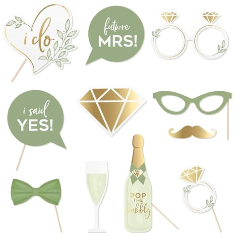 AOBKIAT Olive Green Wedding Photo Props Kit, 12 PCS Engagement Photo Props Accessories with Wooden Dowels for Bridal Shower, Green Boho Wedding