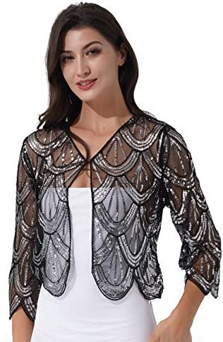 dPois Damen Pailletten Bolero Schal Cape 1920er Umhang Schulterjacke Achselzucken Stola für Kleid Partykleid Abendkleid Flapper Accessoires Silber One Size