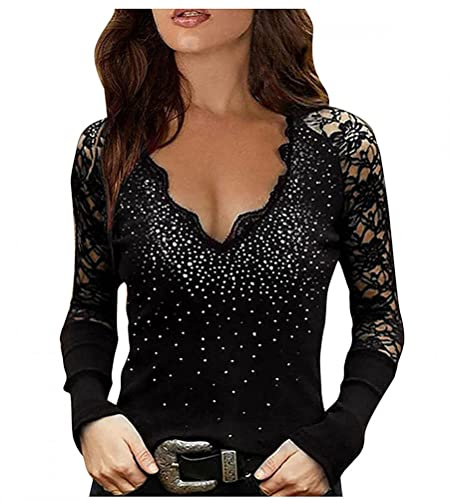 ORANDESIGNE Chemisier Sexy Femme Tunique Haut Manches Longues Évidé Top Automne Blouse Dentelle Chemisier Col V T-Shirt Chic H Noir M