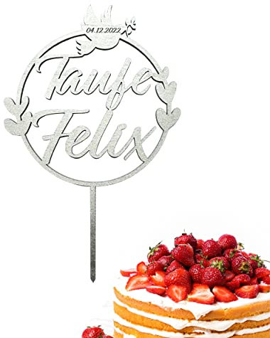 Birdart Box Taufe, Kommunion, Konfirmation Tortenstecker mit Namen – personalisierter Tortenstecker aus umweltfreundlichem Holz, stabiler Cake Topper 15cm Durchmesser (Variante 1, Silber)