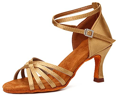 HIPPOSEUS Women's Latin Dance Shoes Beige Open Toe Ballroom Salsa Dance Practice Shoes 3 inch Heel,6 UK