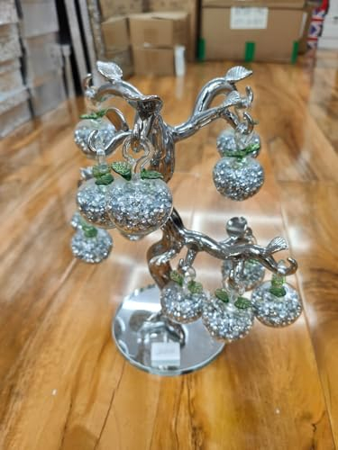 Biznest Large Silver Green Crushed Diamond Crystal Filled Glass Apple Tree Ornament Statue Shelf Decor