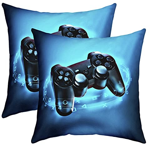 Homewish Gaming Kopfkissenbezüge 40x40 Set of 2, Spiel Kissenbezüge for Kinder Jungen Mädchen, Video Game Gamer,Teens Gamepad Dekorative Akzent-Kissenbezüge for Zuhause, Blau Schwarz