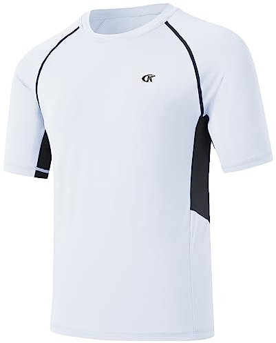 Huayuzh Mens Swim Top Swimming Shirts Short Sleeve Rash Guards UPF 50+ Quick Drying T-Shirts Surfing Pool Beach Watersport White XXL