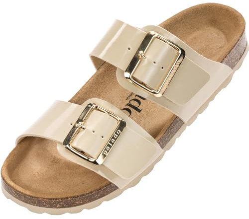 Palado Pantoletten Damen Samos EGS - bequeme Sandalen Made in Spain - Hausschuhe mit dämpfendem Kork-Fußbett - modische Sommerschuhe Beige Lack UK4,5 - EU37
