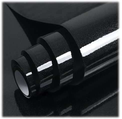 Hode Black Vinyl Wrap 60X1000cm, Black Sticky Back Plastic Roll, Self Adhesive Wallpaper for Furniture Kitchen Cupboard Worktops Vinyl Covering Contact Paper Glitter Effect