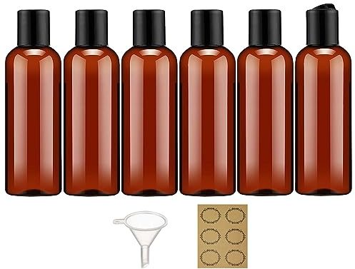 Apstaqeoo 6PC 100ML Plastic Bottles with Disc Top Flip Cap Empty Squeeze Bottle Refillable Travel Container Dispenser with Funnel Label TSA Approved for Liquid Lotion Toiletries Cosmetic(Brown)