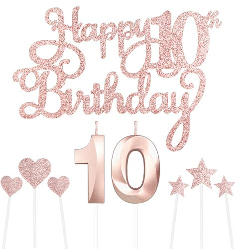 Personalised Rose Gold 10th Birthday Cake Topper with Number 10 Candles, Star Cupcake Toppers - Set for Girl's 10th Birthday - (Set 9)