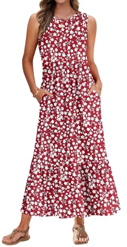 AUSELILY Sommerkleid Damen Lang Ärmelloses Maxikleid Damen Sommer Strandkleid Lange Rundhals Tank Top Kleider Leicht und Luftig mit Taschen Elastischer Taille