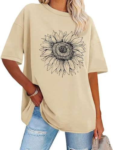 florynova Womens Tops Summer Oversized Tshirt Crewneck Short Sleeve Casual Blouse(Sunflower,XL)