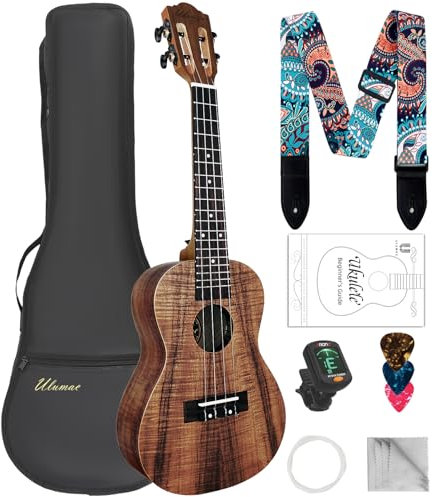 Ulumac KOA Konzert-Ukulele, Akazienholz, 58,4 cm, professionelle Ukulele für Anfänger, Hawaii-Ukulele mit Karbonsaite, Stimmgerät, Gigbag, Gurt, P004