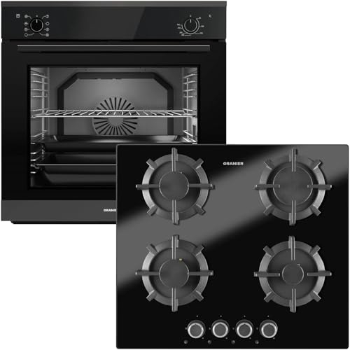 Oranier Einbau-Backofen Set EBS320 autark - 9 Funktionen inkl. 60 cm Gas-Glaskeramik-Kochfeld GKH590-4 Kochstellen mit Design Bedienknebel