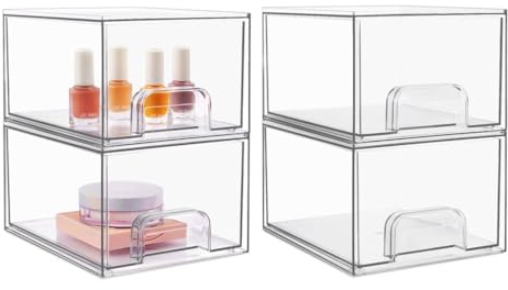 4 Stück Schubladen Organizer, transparenter Badezimmer Organizer mit 32 rutschfesten Matten, Badezimmer Organizer, Schubladenbox, Schminktisch Organizer für Badezimmer, Schminktisch
