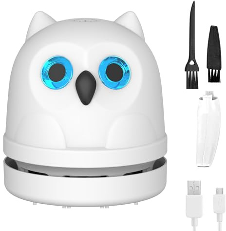 Hallocool Mini aspiradora de escritorio búho, barredora de escritorio, mini aspiradora blanca para galletas, migas, borrador de residuos de pelo de mascotas, migas de pan, virutas de lápiz, artículos