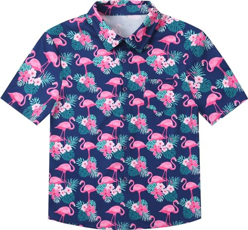 MOMBEBE COSLAND Chemise Hawaienne Enfant Kids Garçons Flamant Button-Down Manches Courtes Costume, Bleu, M, 9-10 Ans