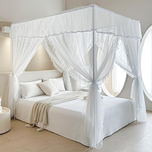 AIKASY Betthimmel-Vorhang mit 4 Ecken, doppelschichtig, gemütlich, Drapiernetz mit 4 Öffnungen, elegantes Moskitonetz für Mädchen und Erwachsene, Schlafzimmer, Dekoration (Weiß, Kingsize)