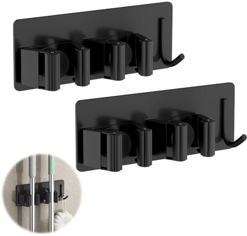 DAWRIS 2 Pack Broom Mop Holder,Stainless Steel Self Adhesive Mop Holder Wall Mounted,2 Racks with Hook Broom Hanger, Tool Organizer,for Bathroom, Kitchen, Office, Closet, Garden Garage(Black)
