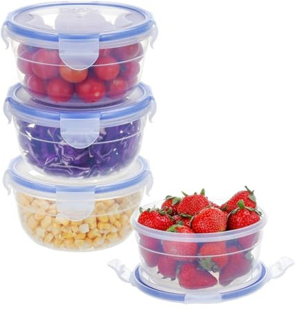 EASYLOCK Lot de 4 bols de 0,6 l - En plastique - Avec couvercle - Ronds - Sans BPA - Petites boîtes empilables - Hermétiques - Passent au lave-vaisselle, au micro-ondes et au congélateur - Bleu