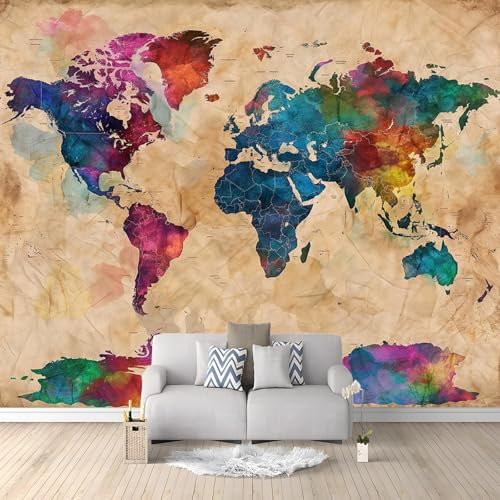 Générique Papier Peint Panoramique 3D Carte Du Monde Vintage Couleur 250x175 cm Papier Peint Photo Mural Intissé, Poster Tapisserie Mural Personnalisé 3D Pour Salon Chambre Décoration Murale