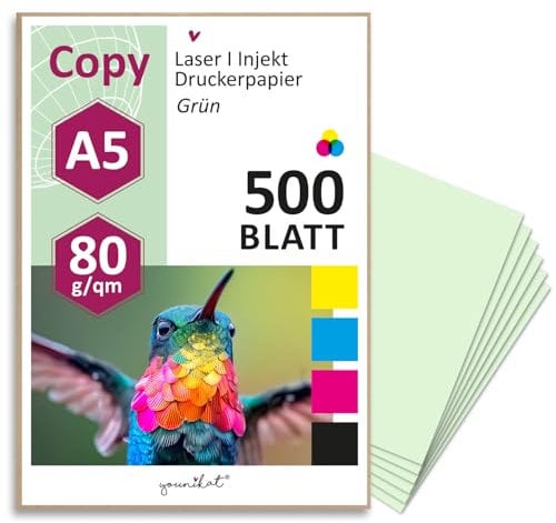 younikat 500 Blatt blanko 80 g/m² Papier in grün DIN A5 I Kopierpapier I Rezeptpapier I dv1451