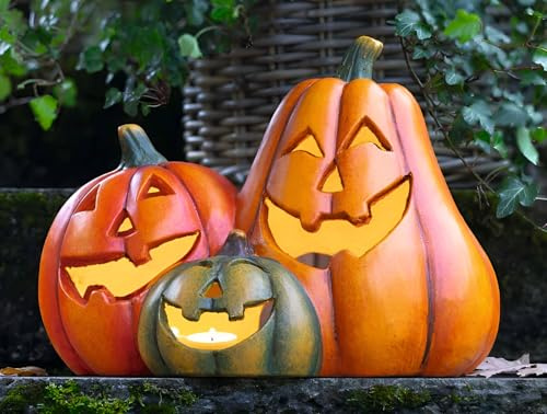 Dekoleidenschaft Dekofigur Kürbistrio Smile 35 cm breit, Outdoor Herbstdeko wetterfest, Windlicht, Halloweendeko, Balkon & Gartendeko für Draußen, Kürbis Laterne, lustige Kürbisfiguren