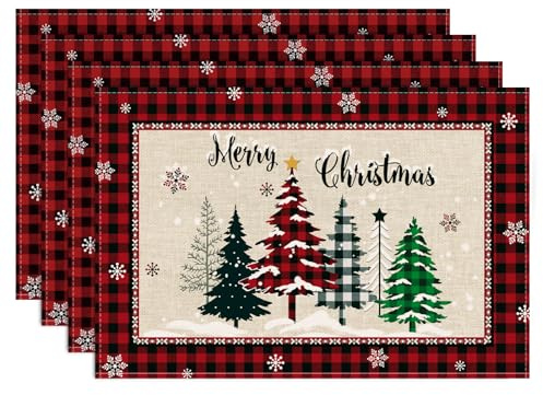 Bonhause Christmas Trees Merry Xmas Placemats Set of 4, 30x45cm Red Buffalo Plaid Xmas Snowflake Kitchen Dinning Table Mats Washable Place Mats for Indoor Outdoor Home Party Decor