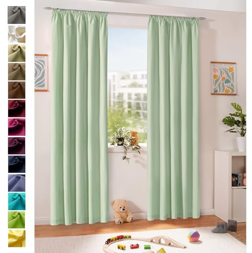heimtexland ® Dekoschal Baumwolle Uni Blickdicht Vorhang Kräuselband Gardine Kinderzimmer Pastell Mint HxB 245x135 Typ625