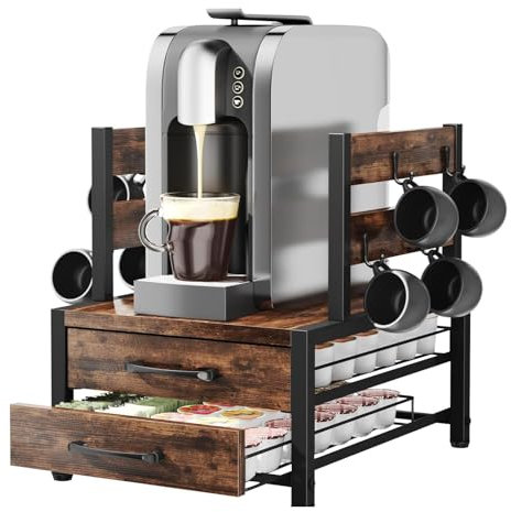 Coffee Pod Organizer- K Cup Holder Drawer Dolce Gusto, 70 Capacity Coffee Pods Holder Storage for K Pods, 2 Tier Sliding Drawer Coffee Machine Stand with 8 Mugs Hooks for Home Office Kitchen Station