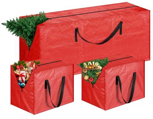Vinsani® 3pcs Extra Large Christmas Tree Decoration Storage Bags Waterproof Durable Zip Bag Xmas Décor Ornaments Baubles Tinsels Lights Organiser with Handles Prevents Moisture & Dust (Red)