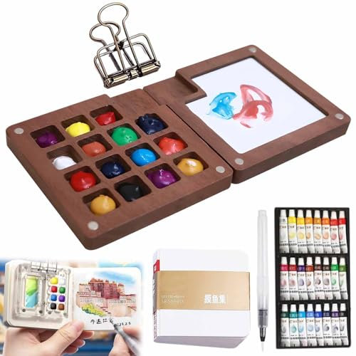 Pocket Artist Watercolor Travel Set,Mini Watercolor Paint Set,Sketchbook Palette Pocket Travel Paint Tray Box with Metal Clip,Watercolor Pen,for Painters Students (Wood,15 grids,24 colors)