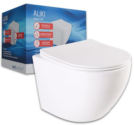 sanicomfort Hänge WC Set Aliki – Spülrandloses, Hygienisches Wand-WC Tiefspüler aus Hochwertiger Sanitärkeramik in Weiß, Kompakt, Modern inkl. Soft-Close WC-Sitz