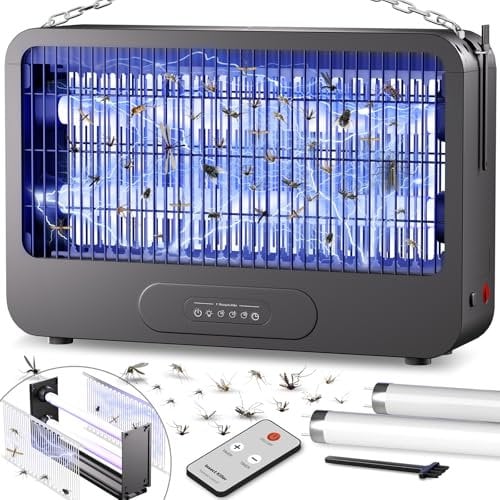 Lampara Antimosquitos Eléctrico Rejilla de Doble Tensión Matamoscas Electrico Interior 3500V Mata Mosquitos Eléctrico 20W Lámpara Mata Moscas con Temporizador y Mando,Dos lámparas Extras