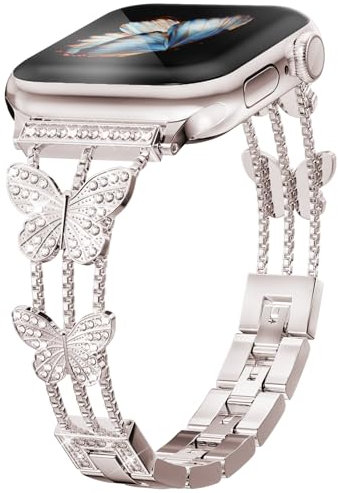 Women Bling Butterfly Diamond Watch Band for Women Compatible with Apple Watch Series 10 9 8 7 6 5 4 3 2 1 SE Ultra, Stylish Metal Bracelet Strap Fit 38mm 40mm 41mm 42mm Starlight