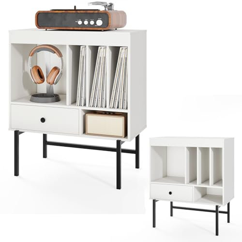 KOMFOTTEU Meuble Platine Vinyle, 1 Tiroir & 5 Compartiments Ouverts, Support de Tourne-Disque, Cadre métallique, Meuble Tourne-Disque, 70 x 36 x 80 cm, pour Salom, Salle multimédia, Chambre (Blanc)