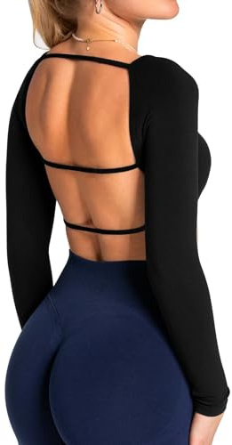 TZLDN Women Backless Gym Tops Long Sleeve Workout Tops Open Back Sports Crop Top Activewear Going Out Yoga Pilates Sexy Festival Black M