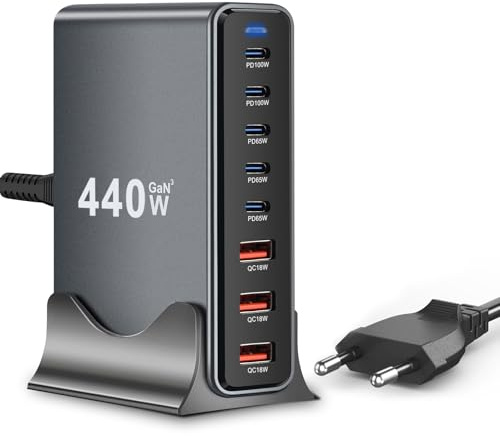 Lizoak 440W USB C Ladegerät - GaN Netzteil mit 8-Port Multi-Geräte Schnellladeleistung, PPS PD 100W Vertikal Ladegerät Mehrfach kompatibel mit iPhone, Laptop, MacBook Pro/Air, Galaxy(5C+3A)